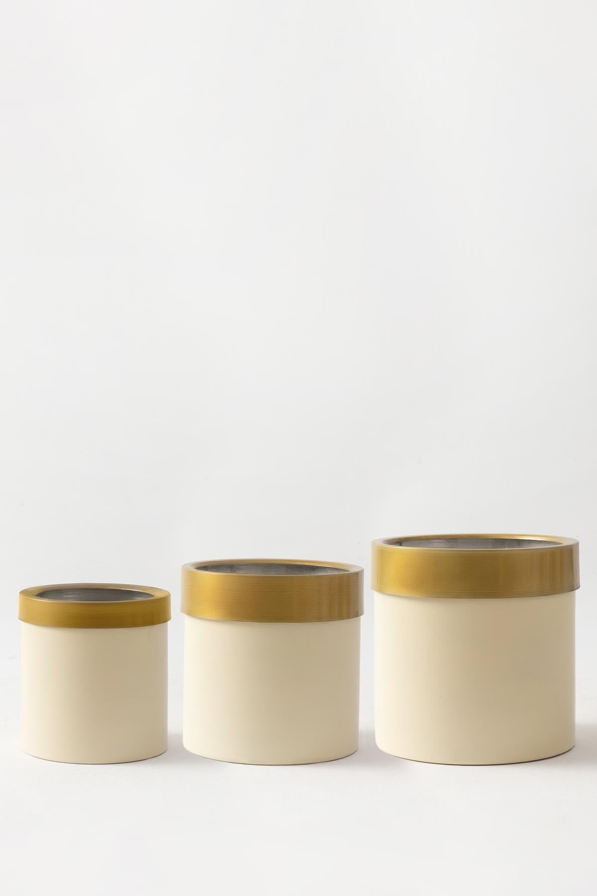 Metal Saksı Krem Gold Bilezikli 3'lü Set