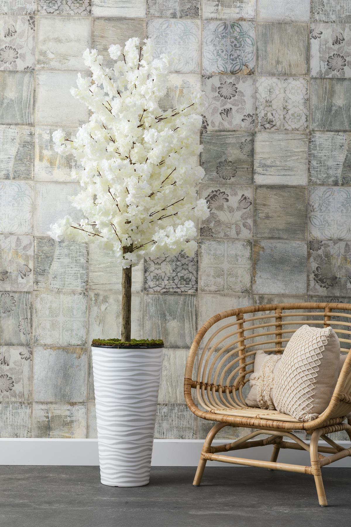 Yapay Ağaç Beyaz Bahar Dalı 180 Cm Konik Saksı