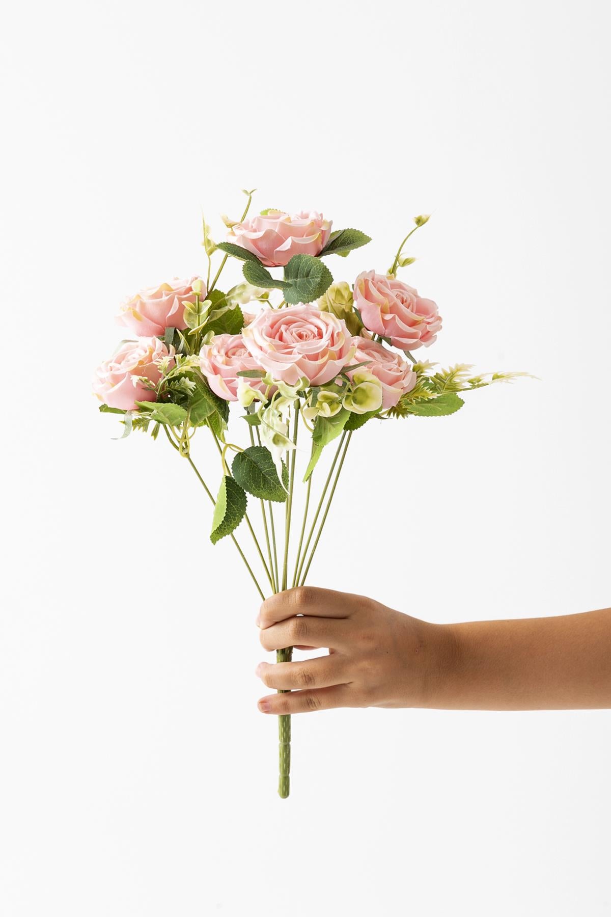 Yapay Aranjmanlı Gül Demeti 9 Dallı Açık Pembe