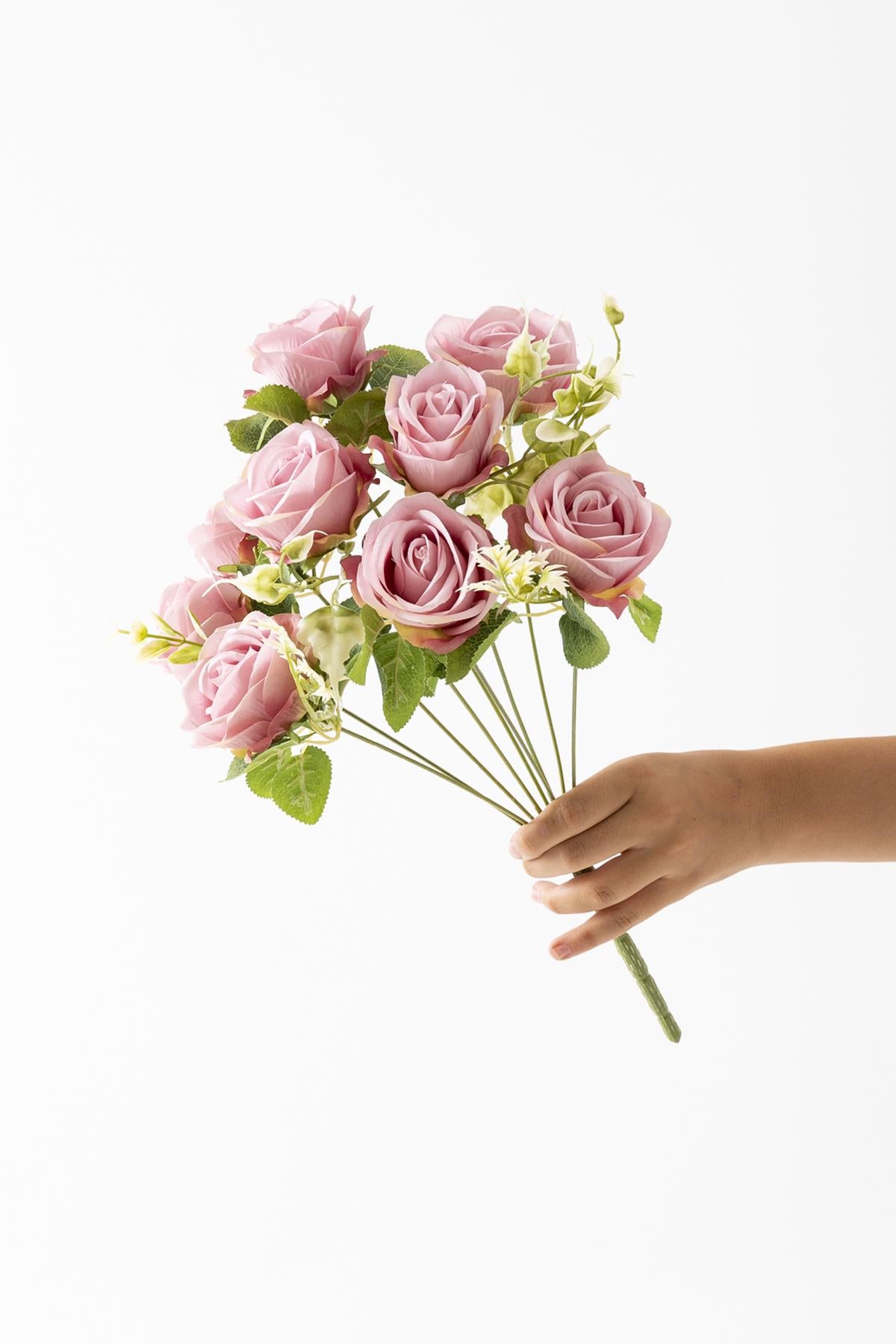 Yapay Aranjmanlı Gül Demeti 9 Dallı Pembe