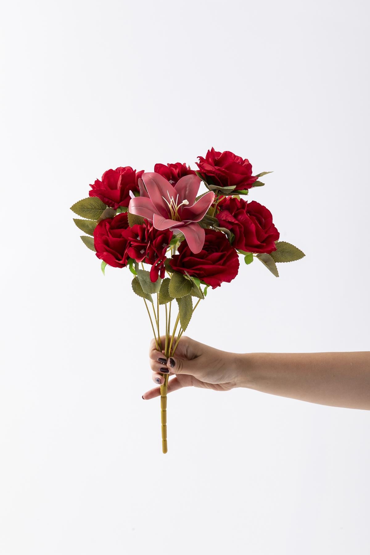 Yapay Lilyum Gül Demeti 45 Cm 11 Dal Kırmızı