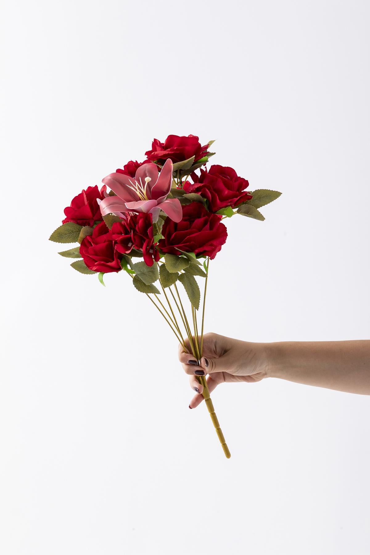 Yapay Lilyum Gül Demeti 45 Cm 11 Dal Kırmızı