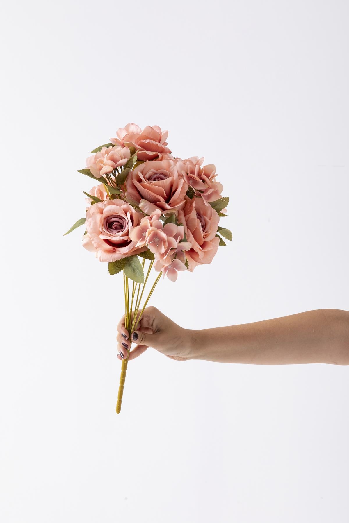 Yapay Ortancalı Gül Demeti Açık Pembe 45 Cm 11 Dal