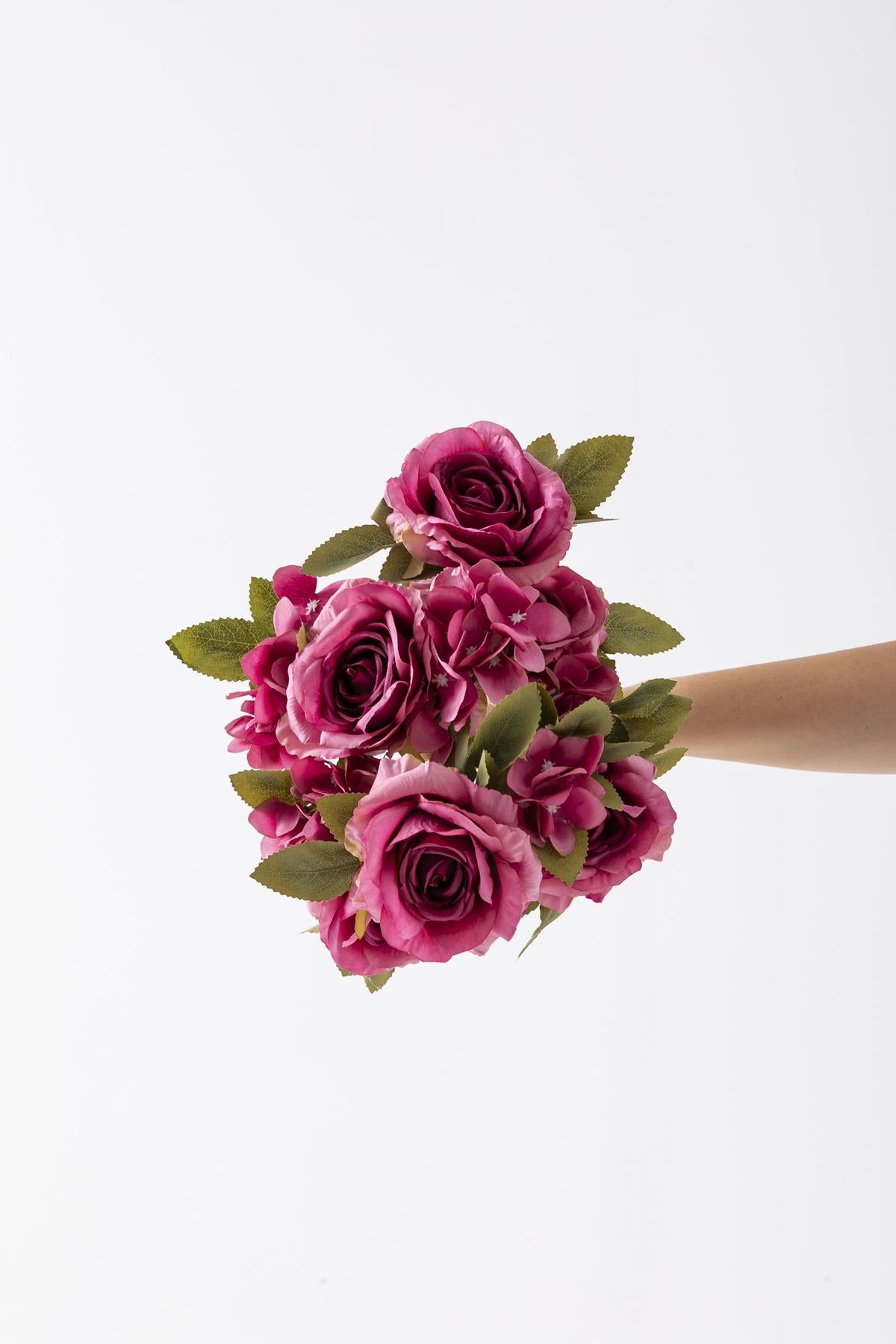 Yapay Ortancalı Gül Demeti Fuşya 45 Cm 11 Dal