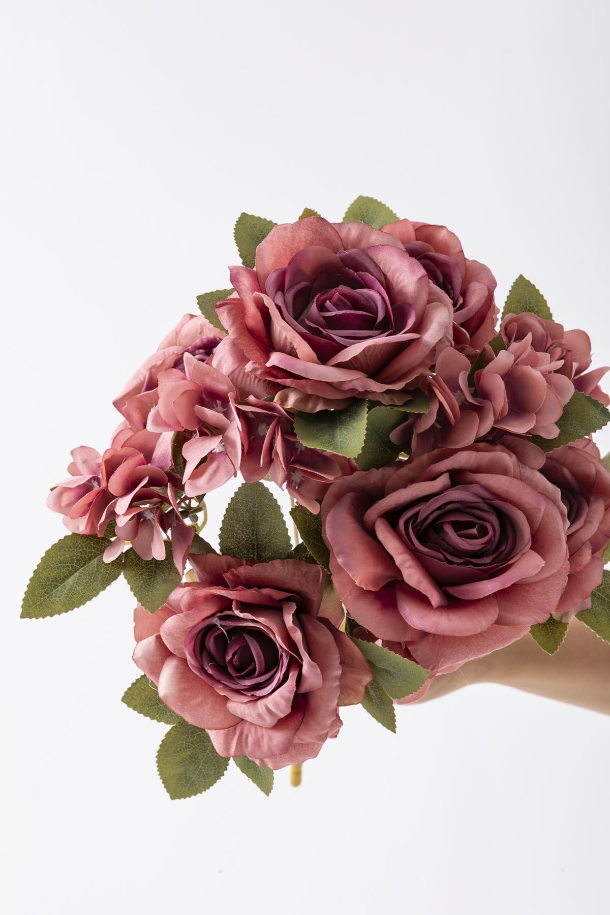 Yapay Ortancalı Gül Demeti Gül Kurusu 45 Cm 11 Dal