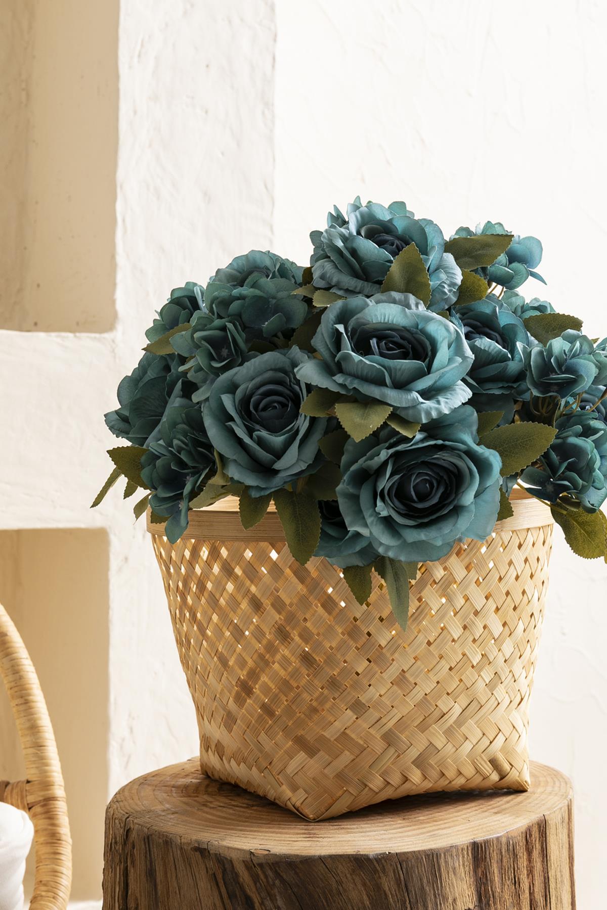 Yapay Ortancalı Gül Demeti Mavi 45 Cm 11 Dal