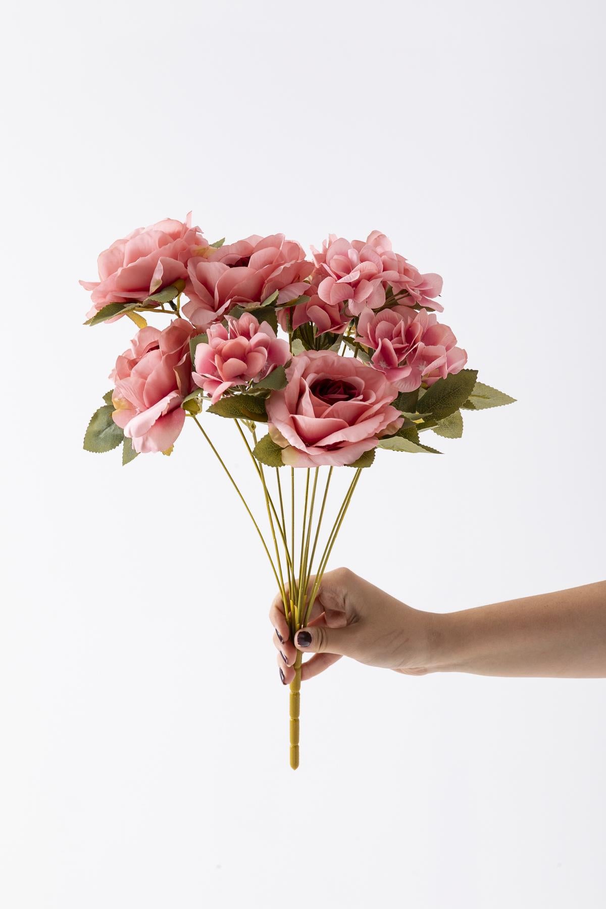 Yapay Ortancalı Gül Demeti Pembe 45 Cm 11 Dal