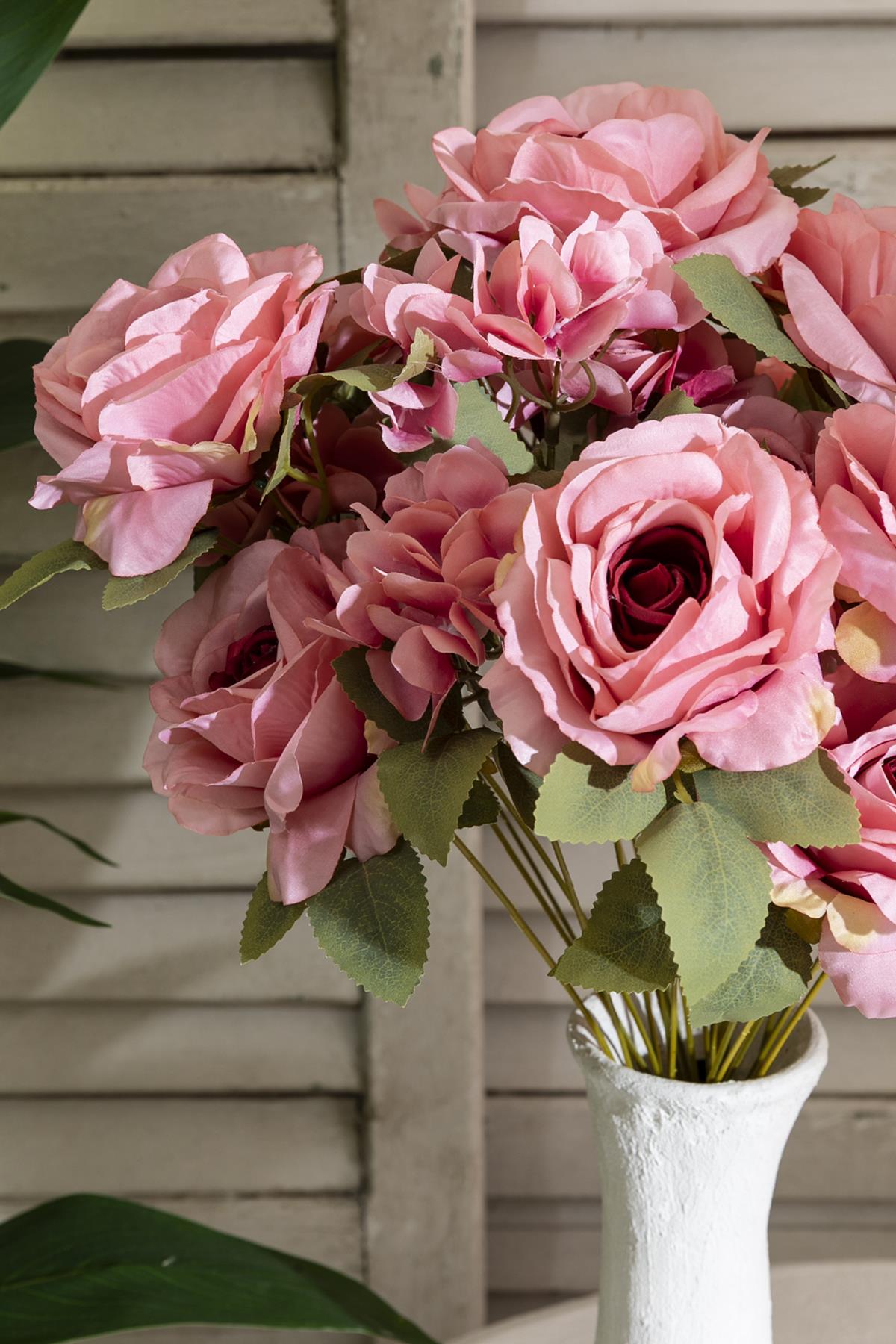 Yapay Ortancalı Gül Demeti Pembe 45 Cm 11 Dal