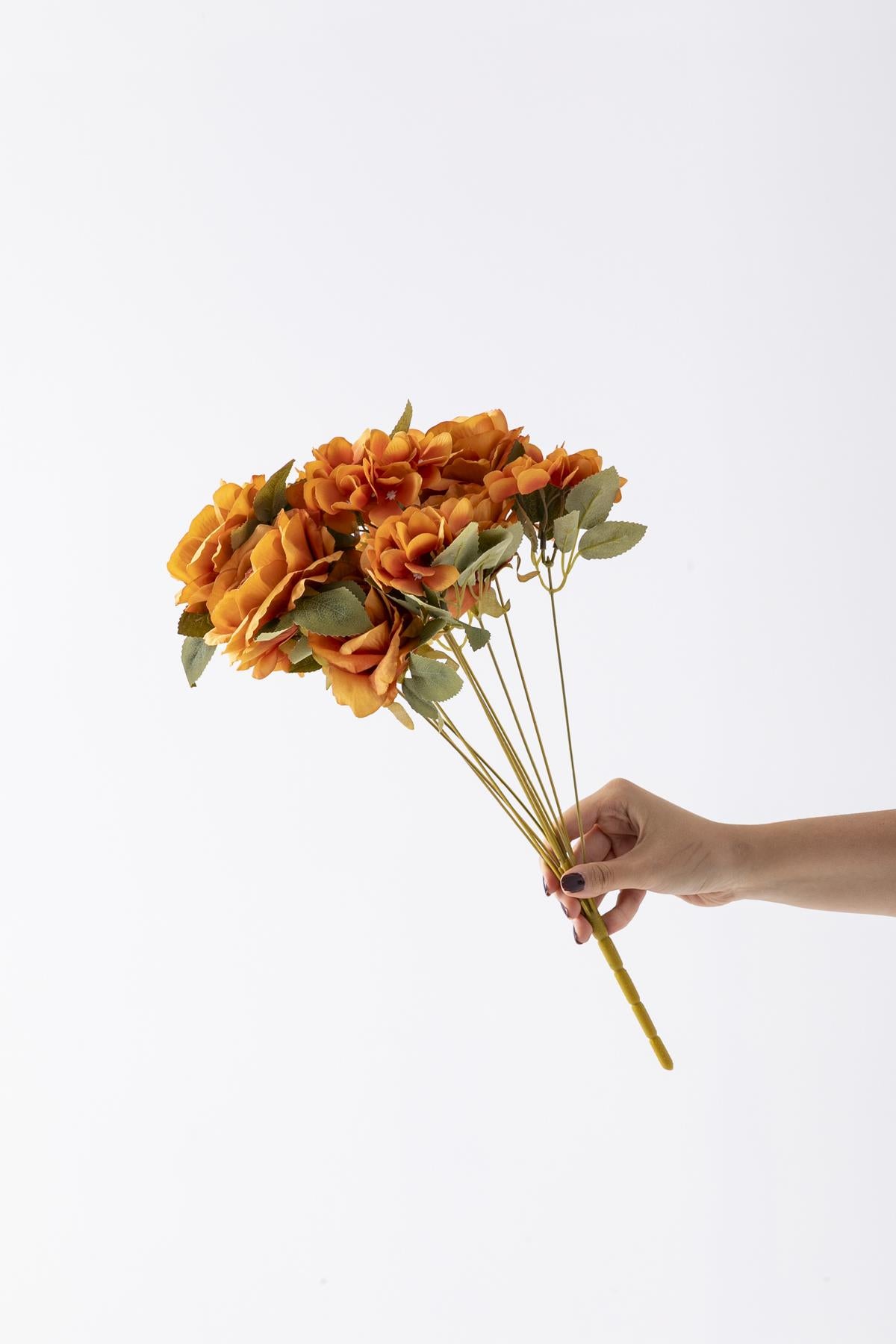 Yapay Ortancalı Gül Demeti Turuncu 45 Cm 11 Dal