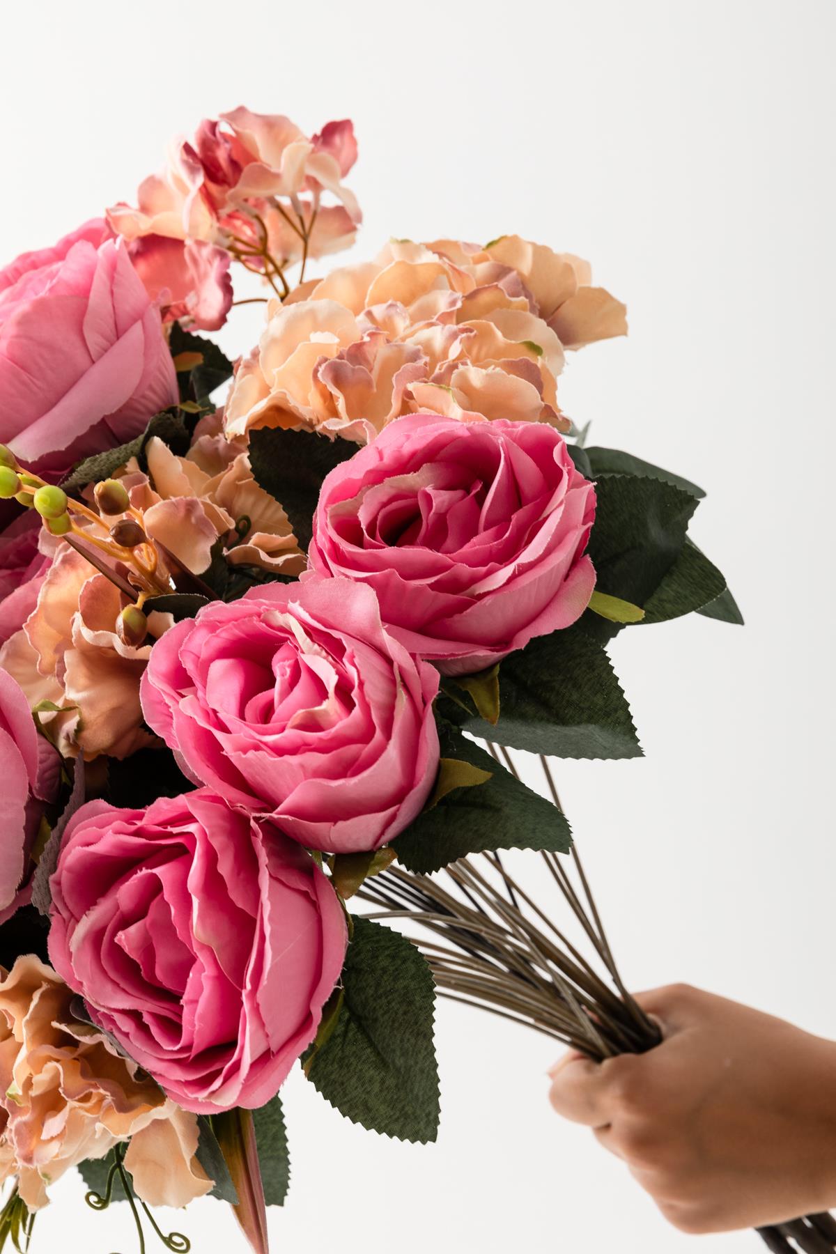 Yapay Ortancalı Gül Pembe 8 Dal 50 Cm