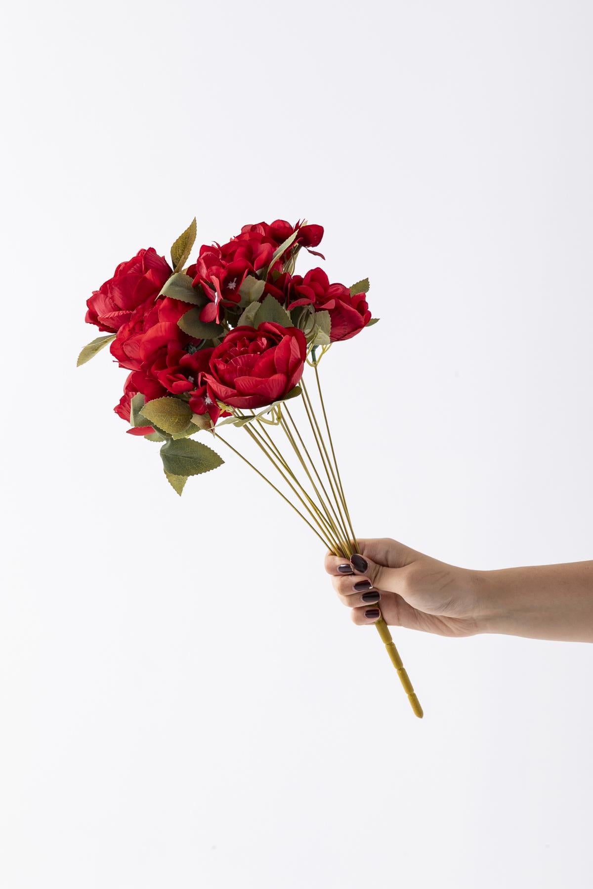 Yapay Ortancalı Şakayık Demeti Kırmızı 45 Cm 11 Dal