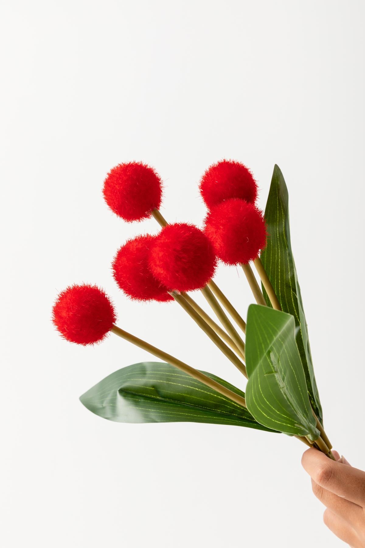 Yapay Ponpon Çiçeği Kırmızı 35 Cm 7 Dal