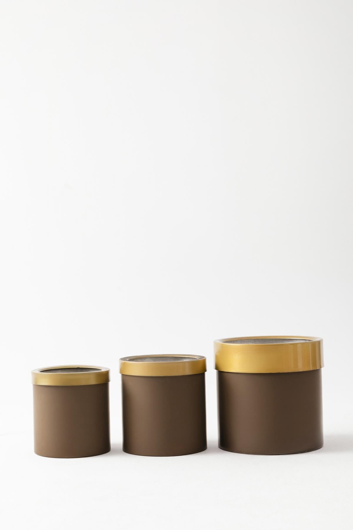 Metal Saksı Kahverengi Gold Bilezikli 3'lü Set