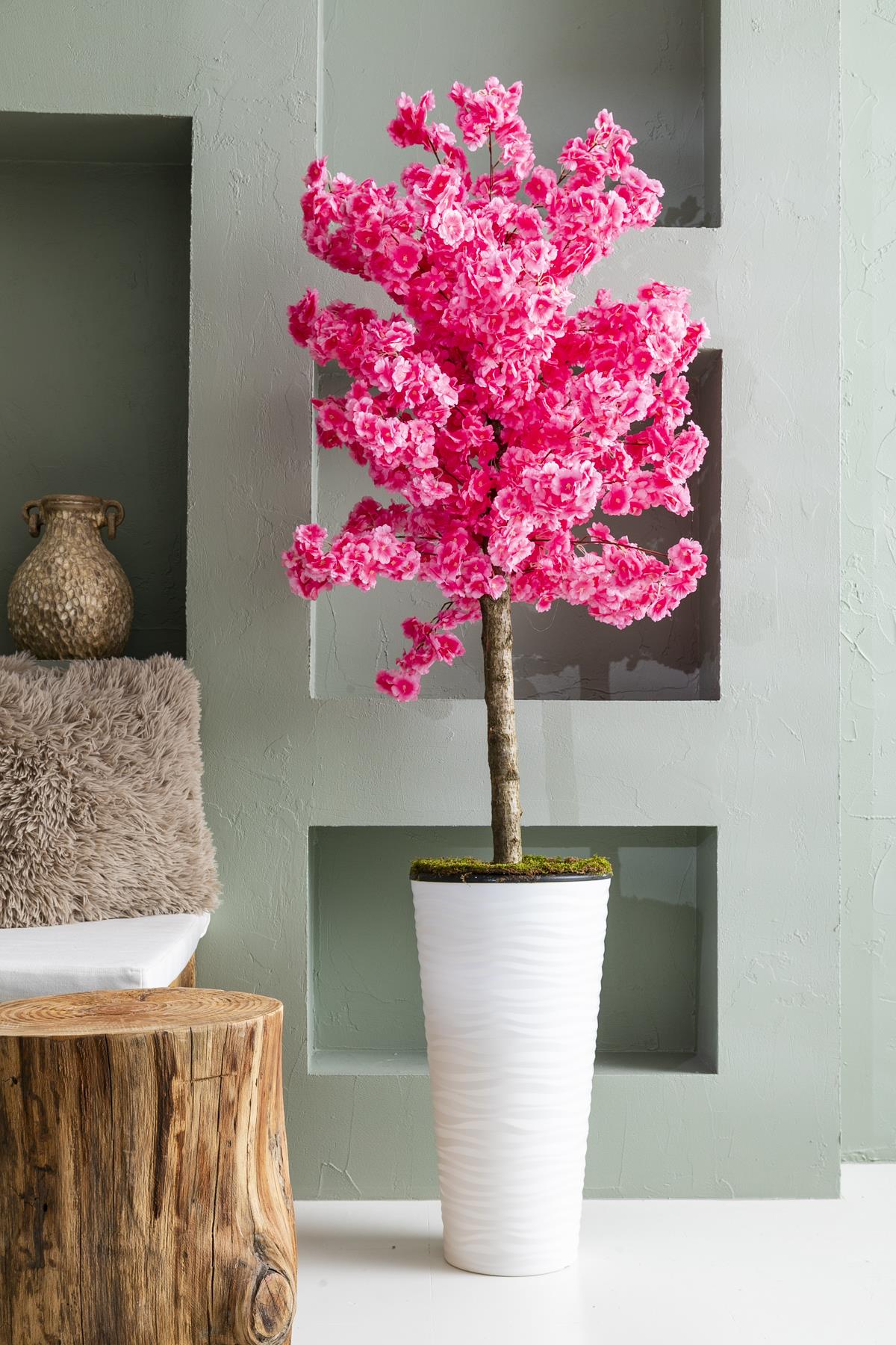 Yapay Ağaç Pembe Bahar Dalı 180 Cm Beyaz Konik Saksı