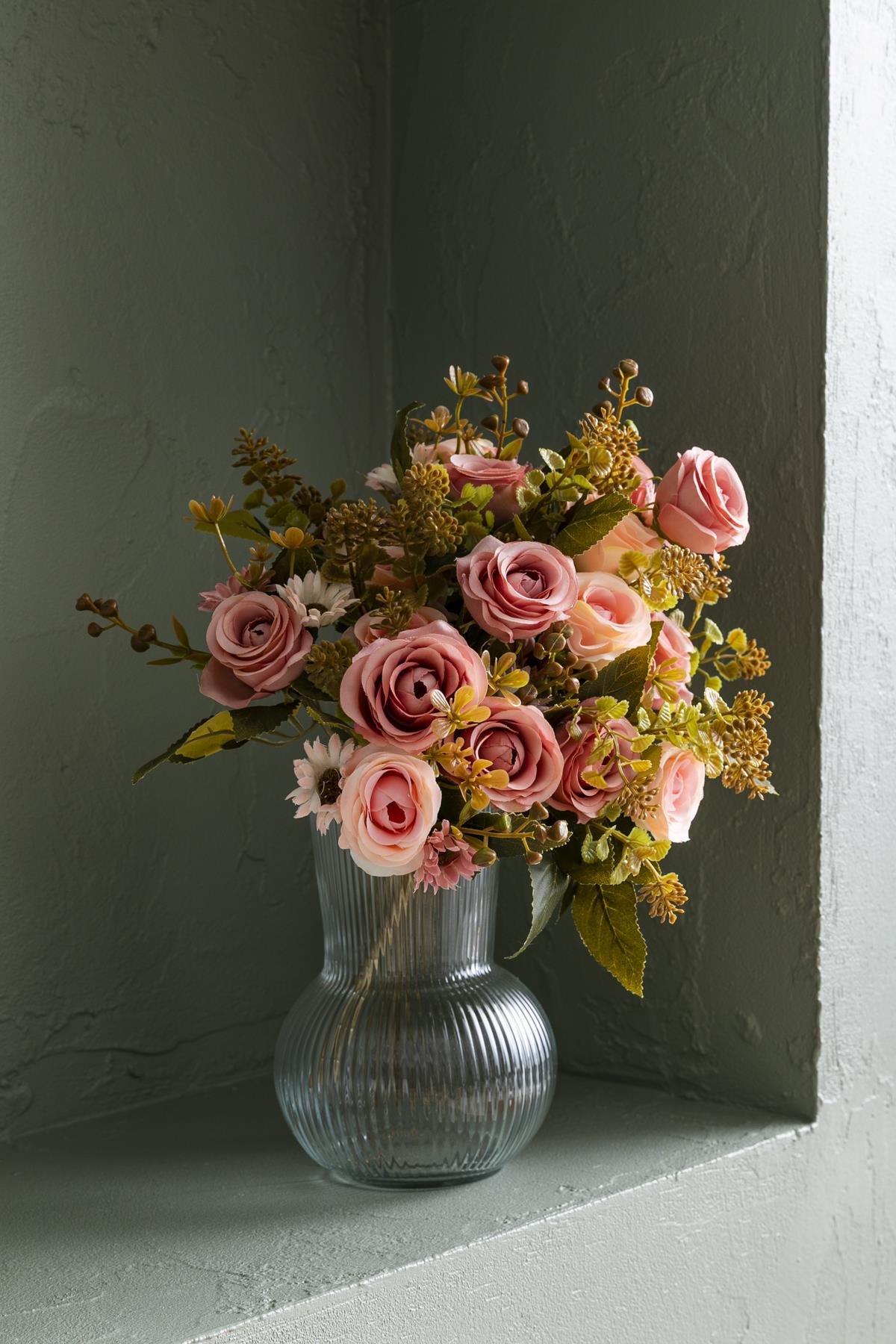 Yapay Gül Demeti 30 Cm 6 Dal Açık Pembe