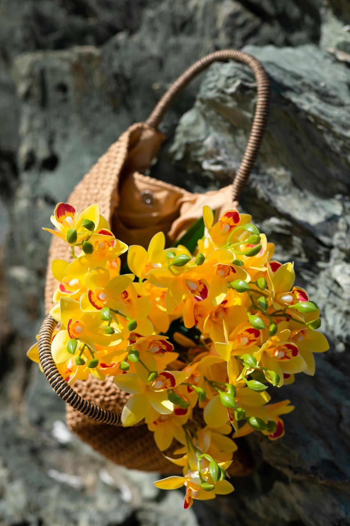 Yapay Islak Orkide Çiçeği Sarı 5 Dal