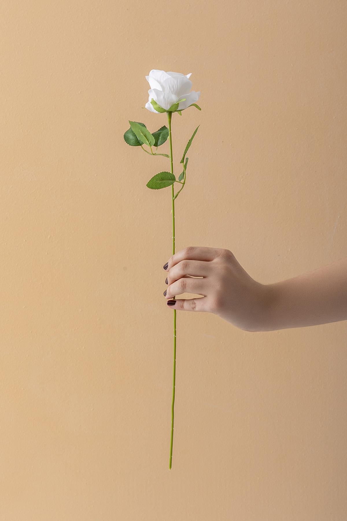 Yapay Kadife Gül Tek Dal Beyaz 50 Cm