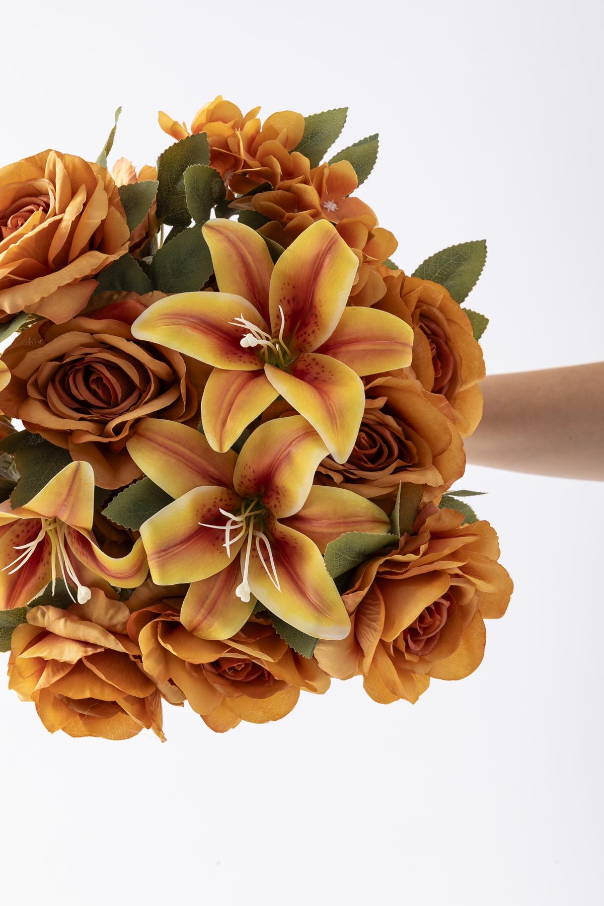 Yapay Lilyum Gül Demeti 45 Cm 11 Dal Açık Turuncu