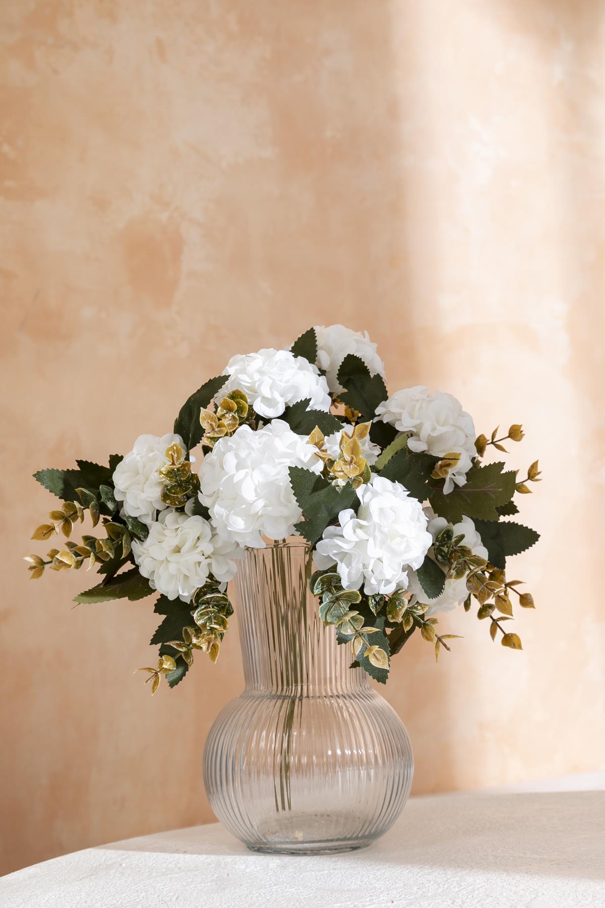 Yapay Ortanca Çiçeği 30 Cm 5 Dal Beyaz