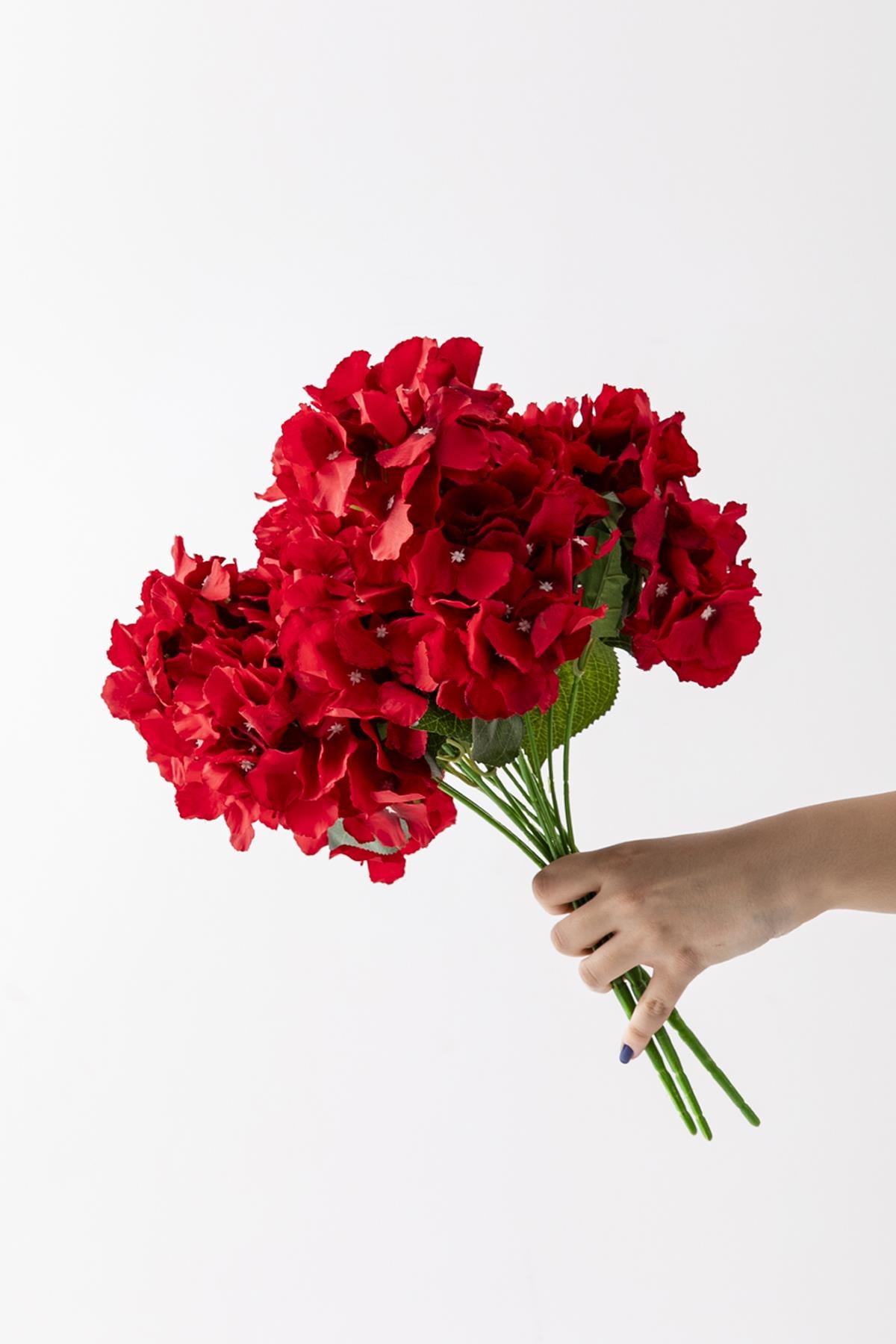 Yapay Ortanca Çiçeği Kırmızı 45 Cm 5 Dal