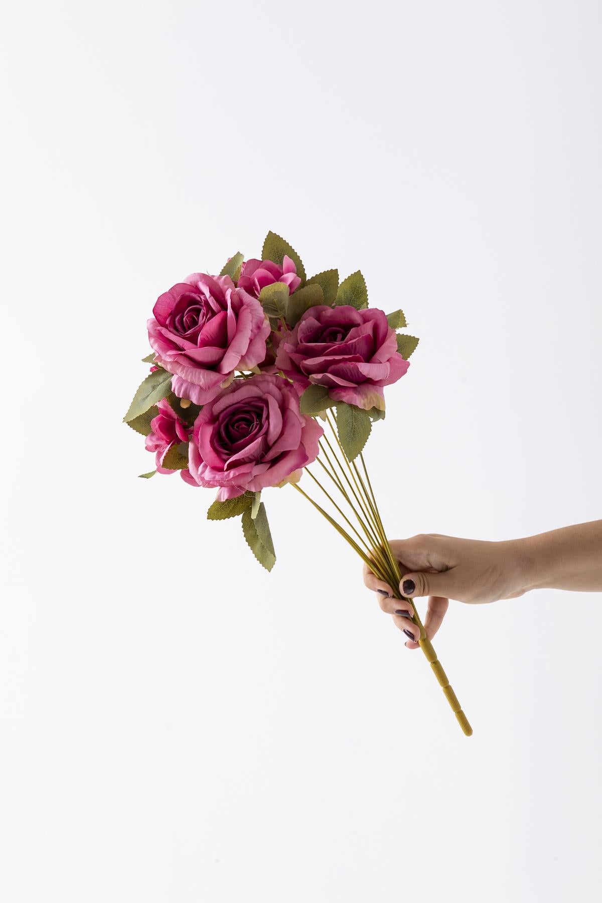 Yapay Ortancalı Gül Demeti Fuşya 45 Cm 11 Dal