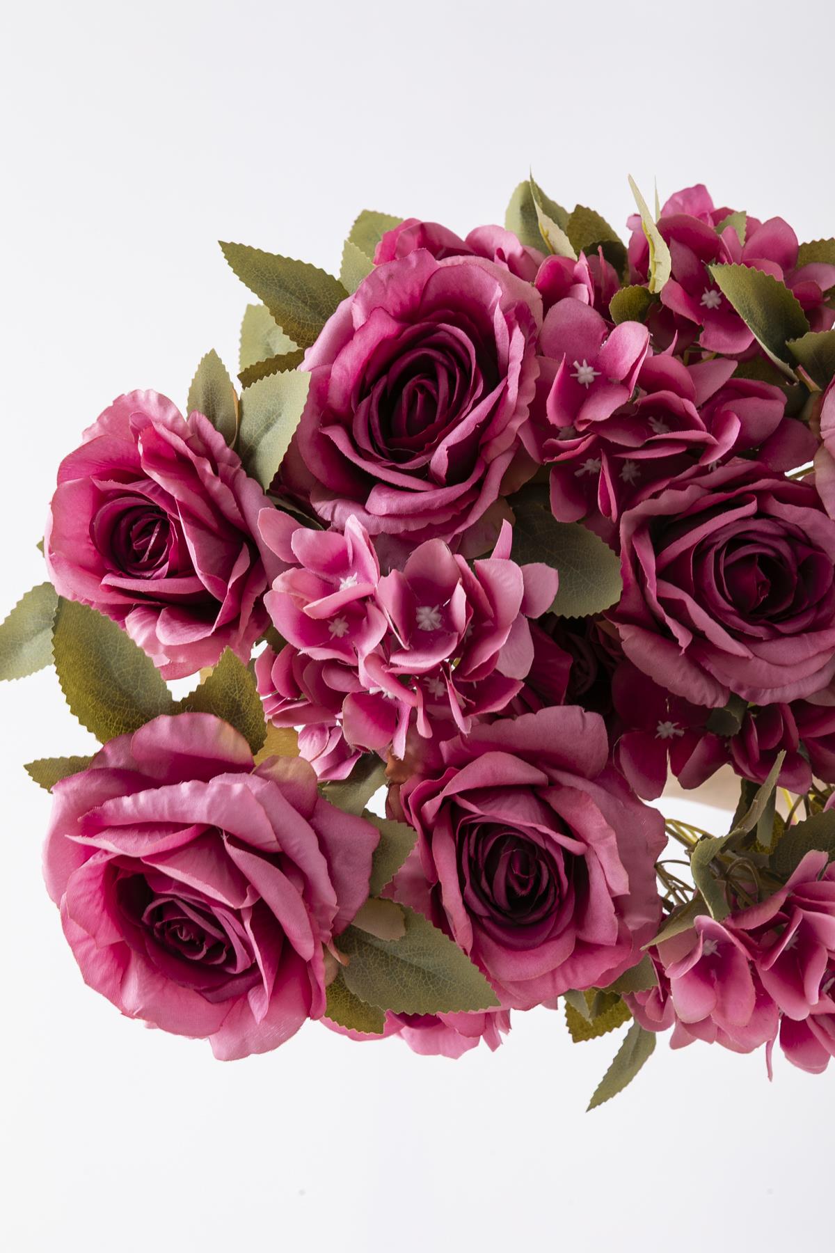 Yapay Ortancalı Gül Demeti Fuşya 45 Cm 11 Dal