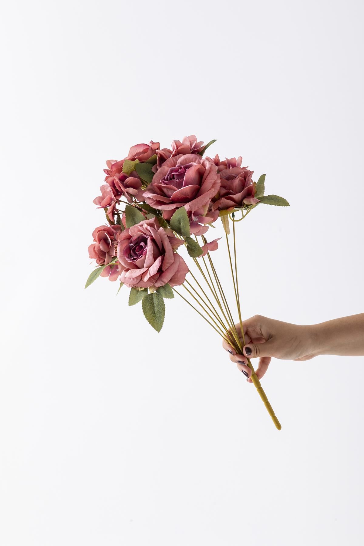 Yapay Ortancalı Gül Demeti Gül Kurusu 45 Cm 11 Dal