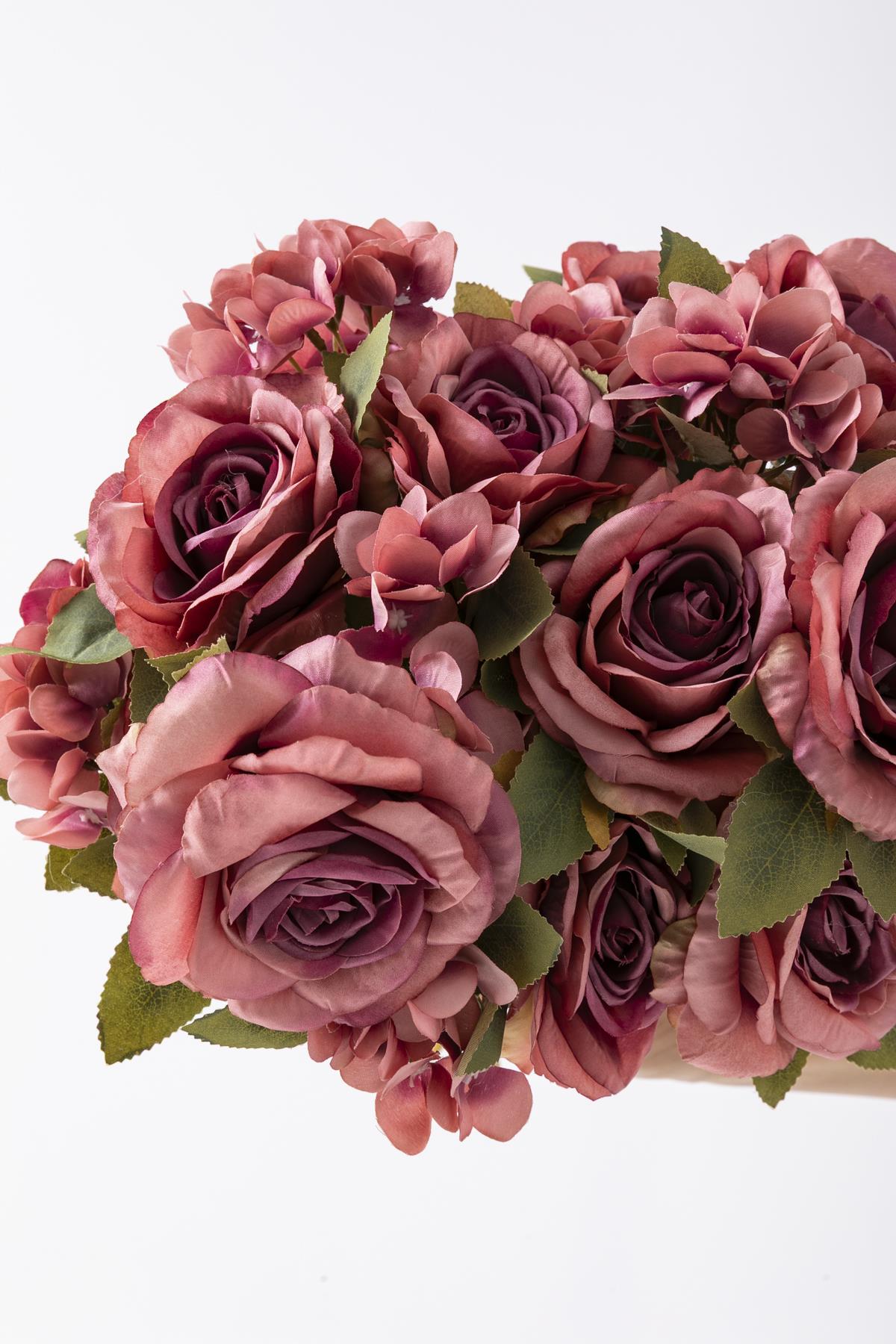 Yapay Ortancalı Gül Demeti Gül Kurusu 45 Cm 11 Dal