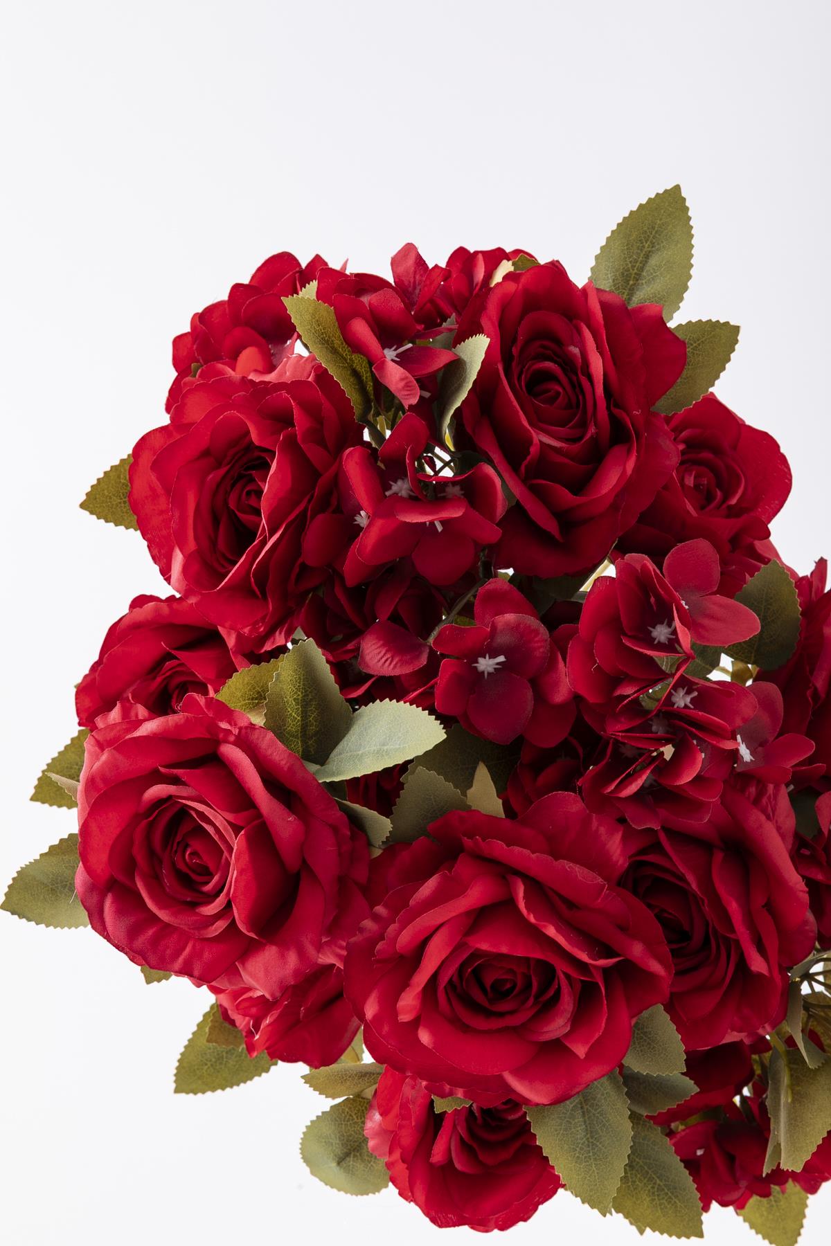 Yapay Ortancalı Gül Demeti Kırmızı 45 Cm 11 Dal