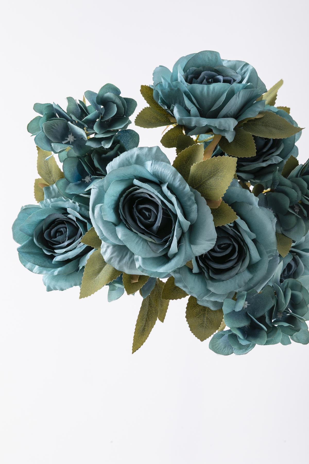 Yapay Ortancalı Gül Demeti Mavi 45 Cm 11 Dal