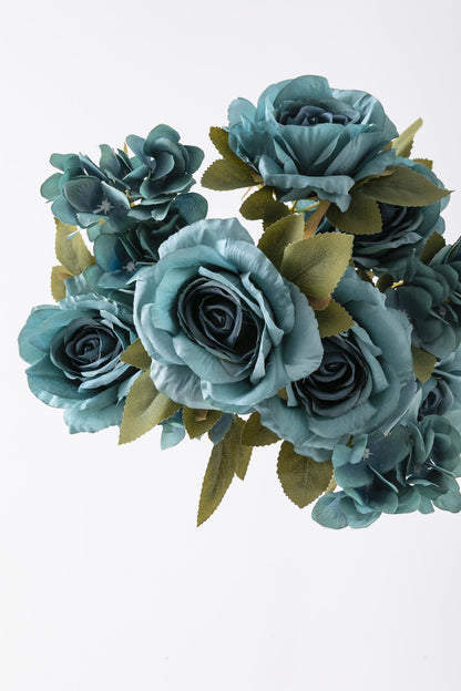 Yapay Ortancalı Gül Demeti Mavi 45 Cm 11 Dal