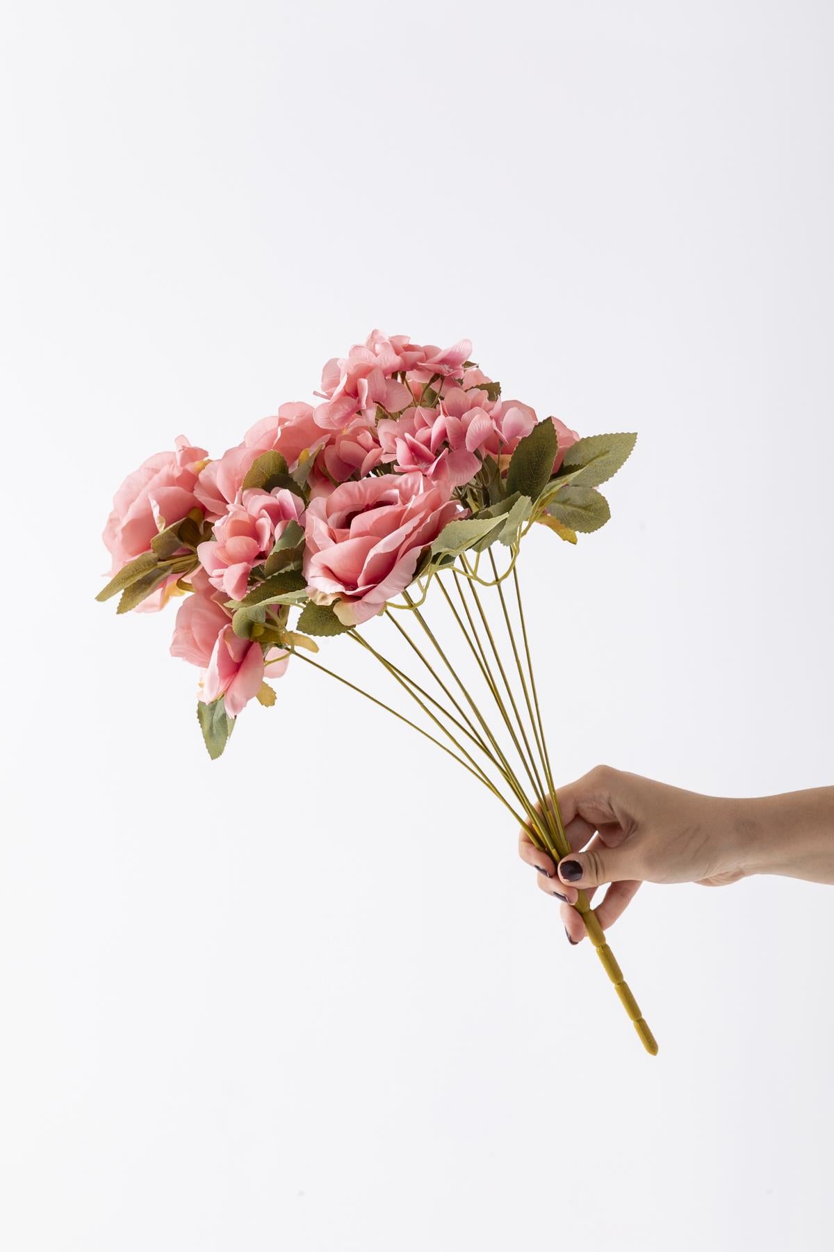 Yapay Ortancalı Gül Demeti Pembe 45 Cm 11 Dal