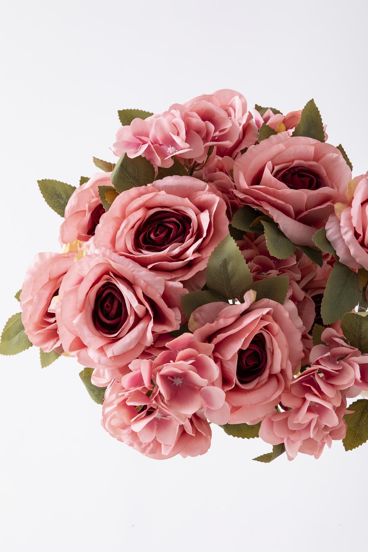 Yapay Ortancalı Gül Demeti Pembe 45 Cm 11 Dal