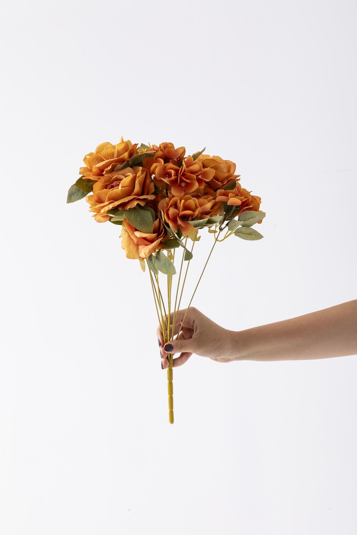 Yapay Ortancalı Gül Demeti Turuncu 45 Cm 11 Dal