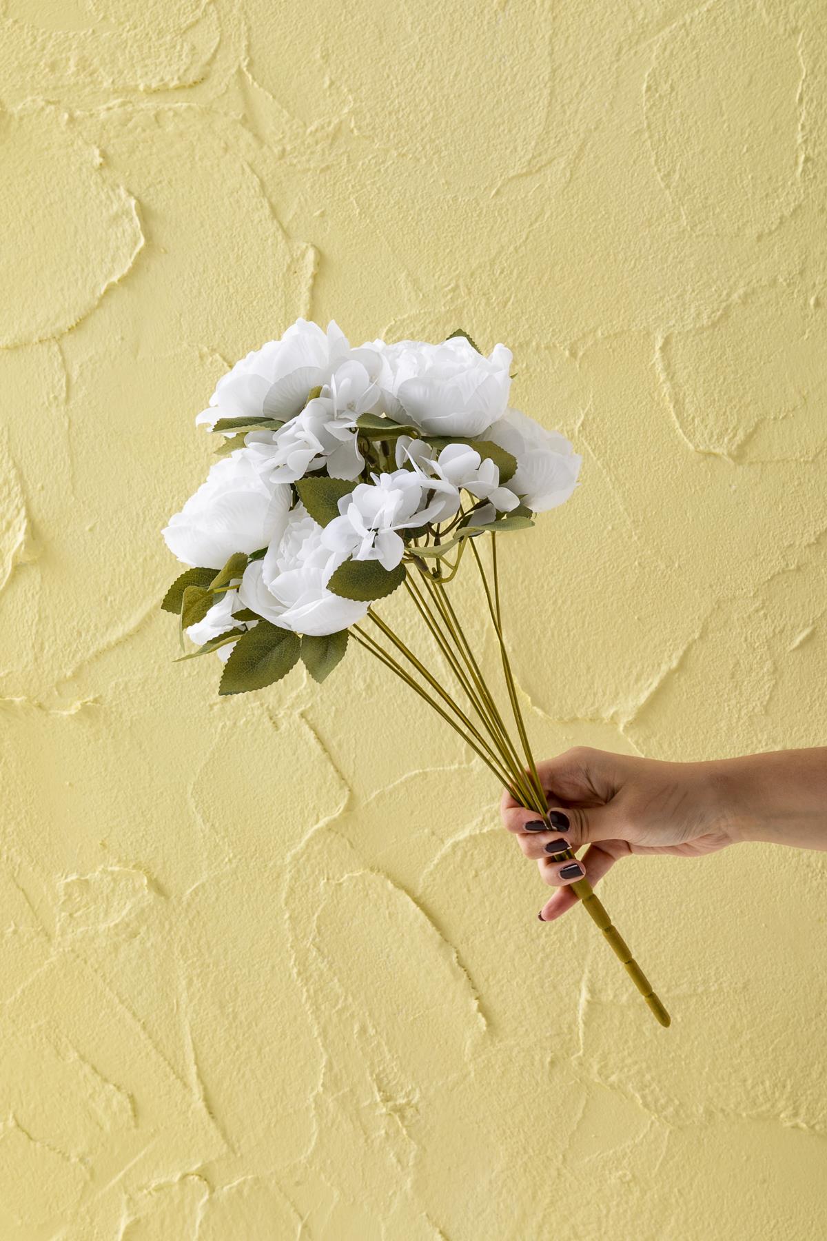 Yapay Ortancalı Şakayık Demeti Beyaz 45 Cm 11 Dal