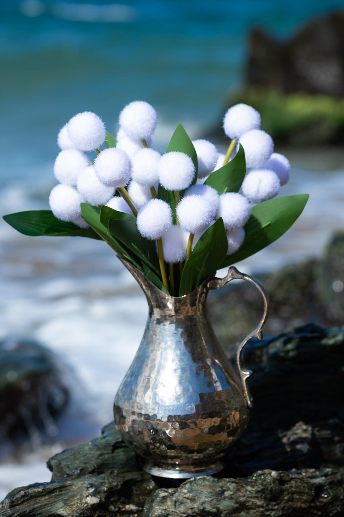 Yapay Ponpon Çiçeği Beyaz 35 Cm 7 Dal