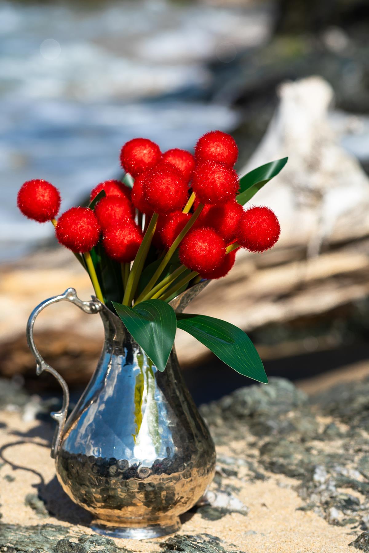 Yapay Ponpon Çiçeği Kırmızı 35 Cm 7 Dal